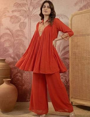 embroidered mandarin collar kurta & palazzos 3