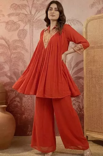embroidered mandarin collar kurta & palazzos