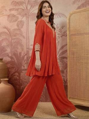 embroidered mandarin collar kurta & palazzos 4