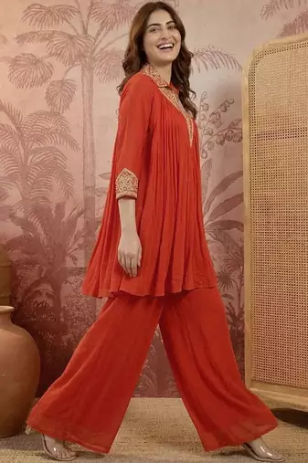 embroidered mandarin collar kurta & palazzos