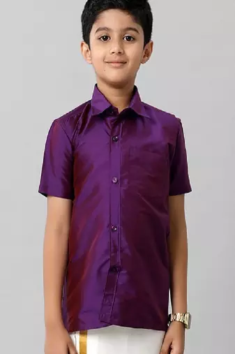 Violet plain shirt - short sleeve - chest pocket - boys