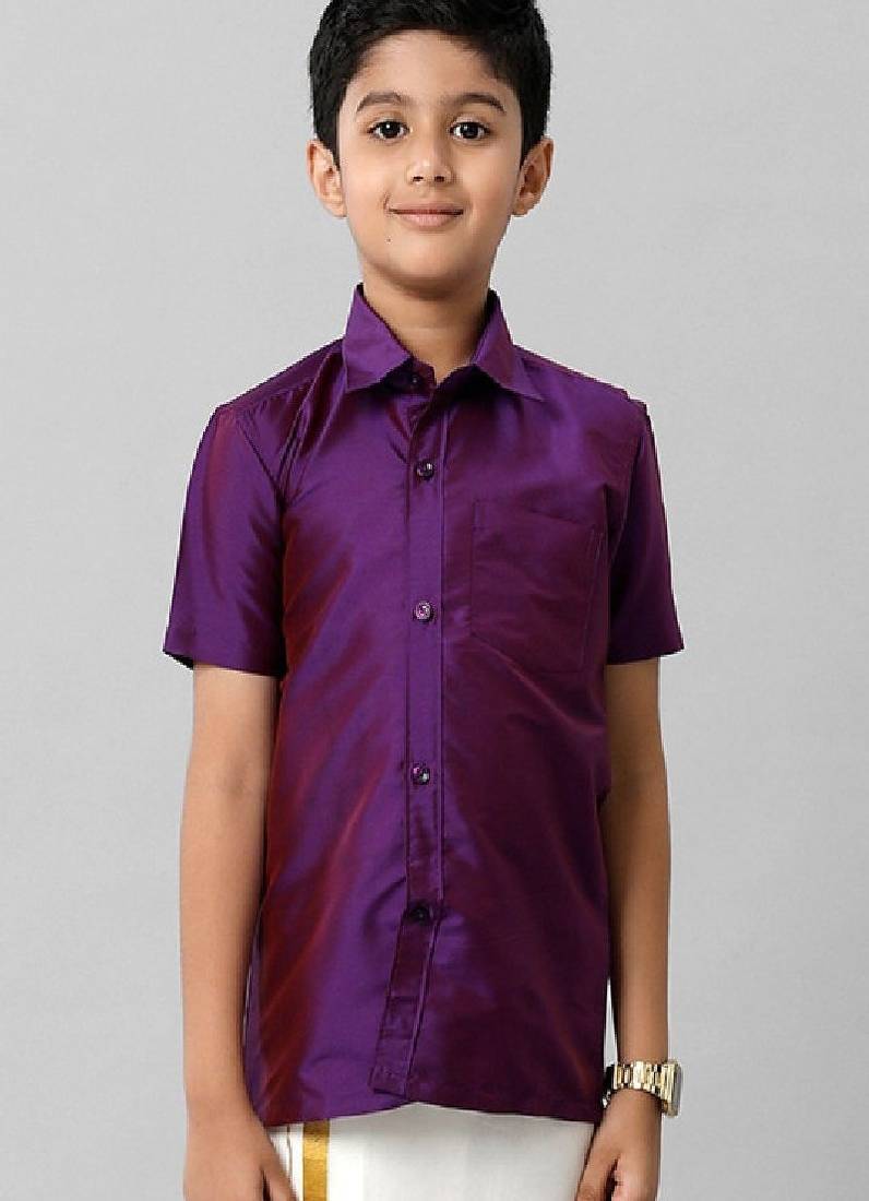 Violet plain shirt - short sleeve - chest pocket - boys