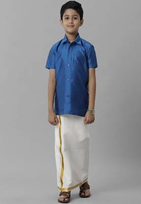 blue silk blend shirt and dhoti set for boys 1