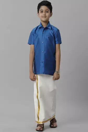 Blue silk blend shirt dhoti set for boys - shirt and dhoti