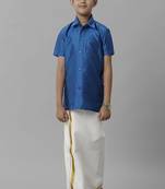 Blue silk blend shirt dhoti set for boys - shirt and dhoti