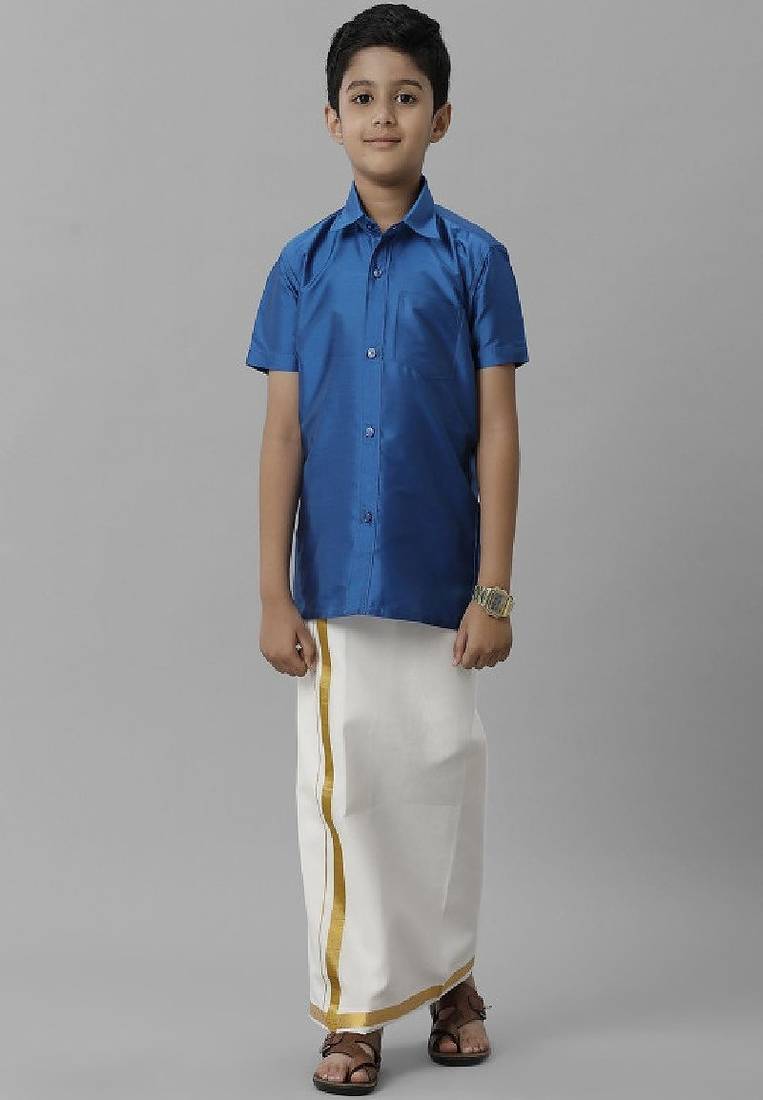 Blue silk blend shirt dhoti set for boys - shirt and dhoti