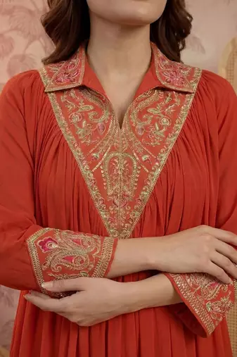 embroidered mandarin collar kurta & palazzos
