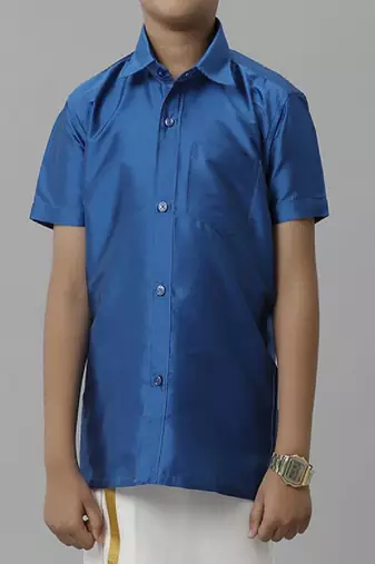 Blue silk blend shirt dhoti set for boys - shirt and dhoti