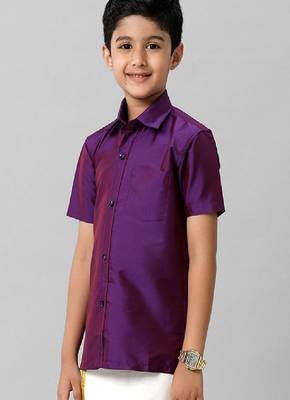 violet plain cotton boys short sleeve chest pocket shirt 3