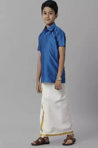 Blue silk blend shirt dhoti set for boys - shirt and dhoti