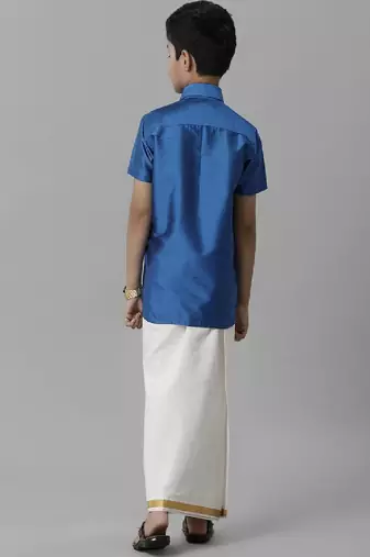 Blue silk blend shirt dhoti set for boys - shirt and dhoti