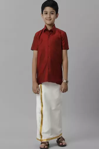 Red silk blend shirt with dhoti - boys shirts