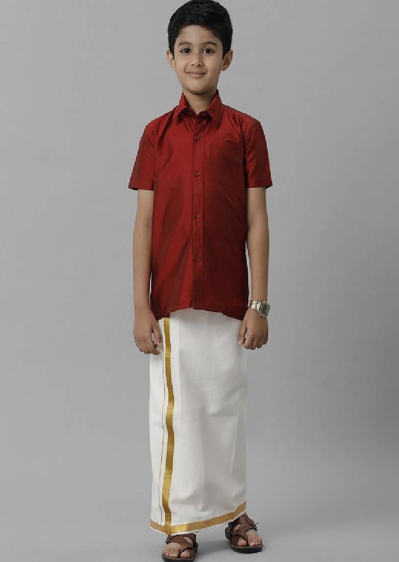 Red silk blend shirt with dhoti - boys shirts