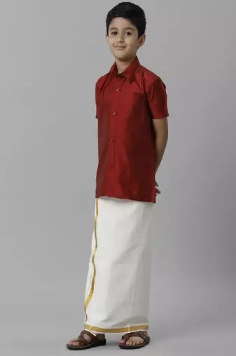 Red silk blend shirt with dhoti - boys shirts