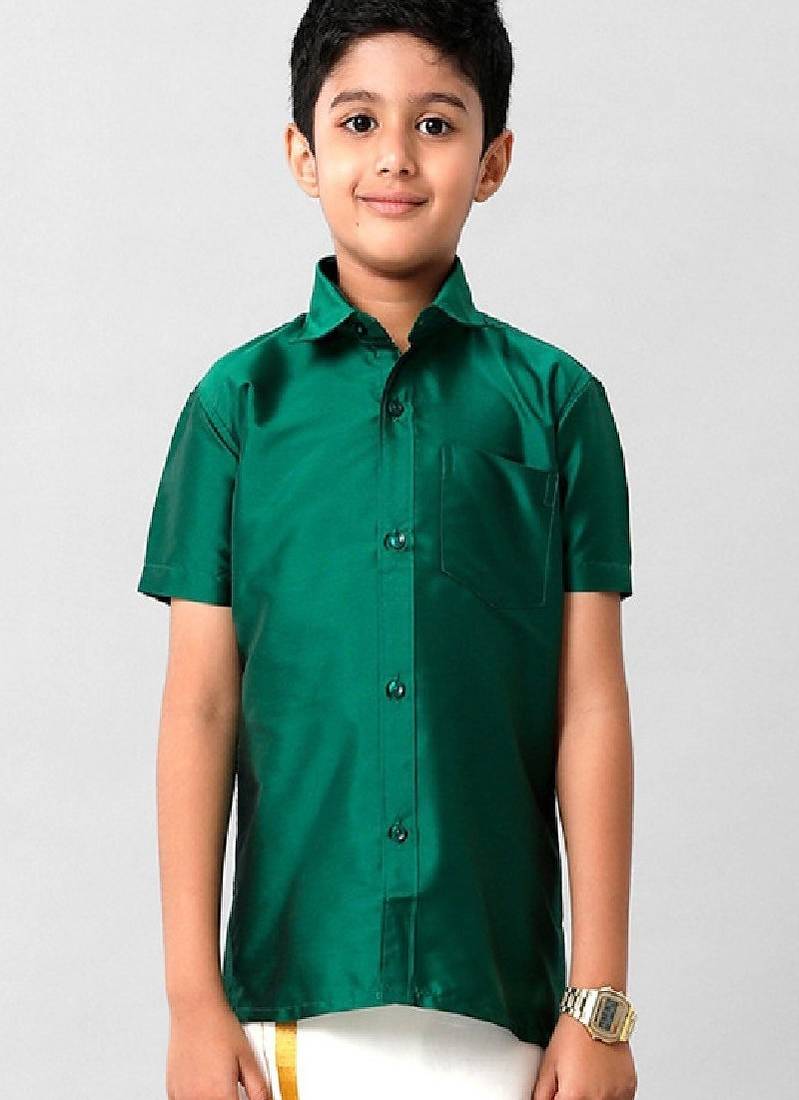 Green solid short sleeve shirt with chest pocket - boys shirts