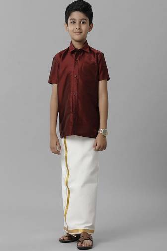 Maroon plain silk blend shirt with dhoti - boys shirts