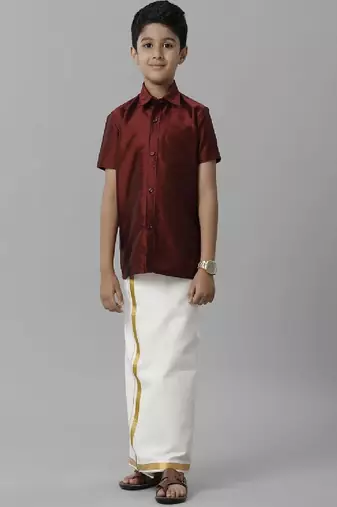 maroon plain silk-blend boys' shirt and dhoti set