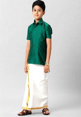 green regular fit cotton boys pocket shirt 4
