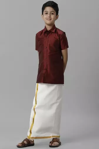 maroon plain silk-blend boys' shirt and dhoti set