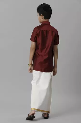 maroon plain silk-blend boys' shirt and dhoti set