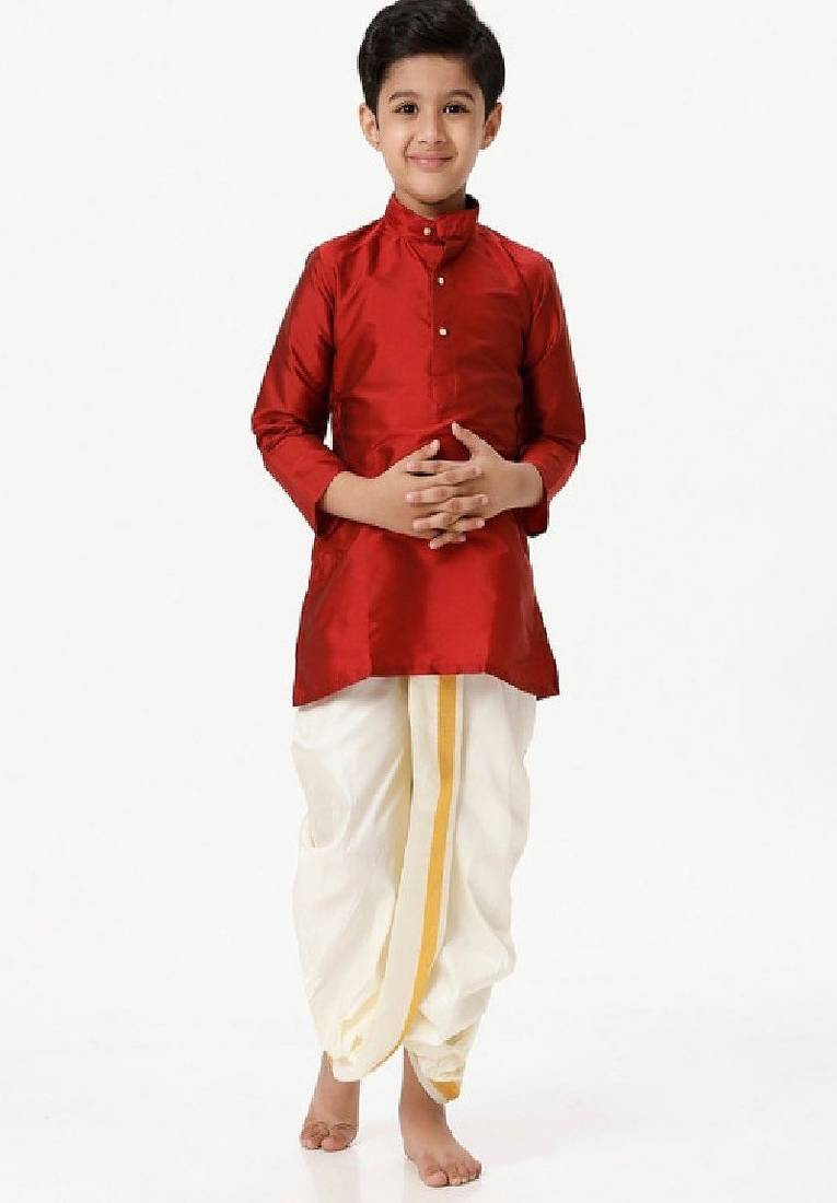 Red silk blend kurta solid long sleeve boys kurta pyjama