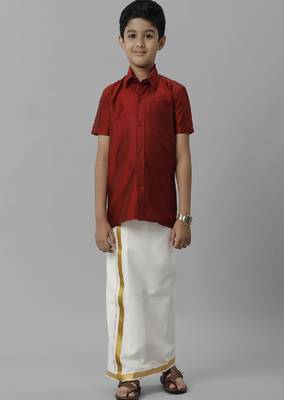 red silk-blend boys' shirt and dhoti set 1