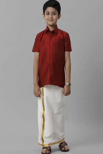 red silk-blend boys' shirt and dhoti set