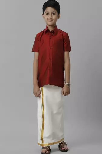 Red silk blend shirt with dhoti - boys shirts