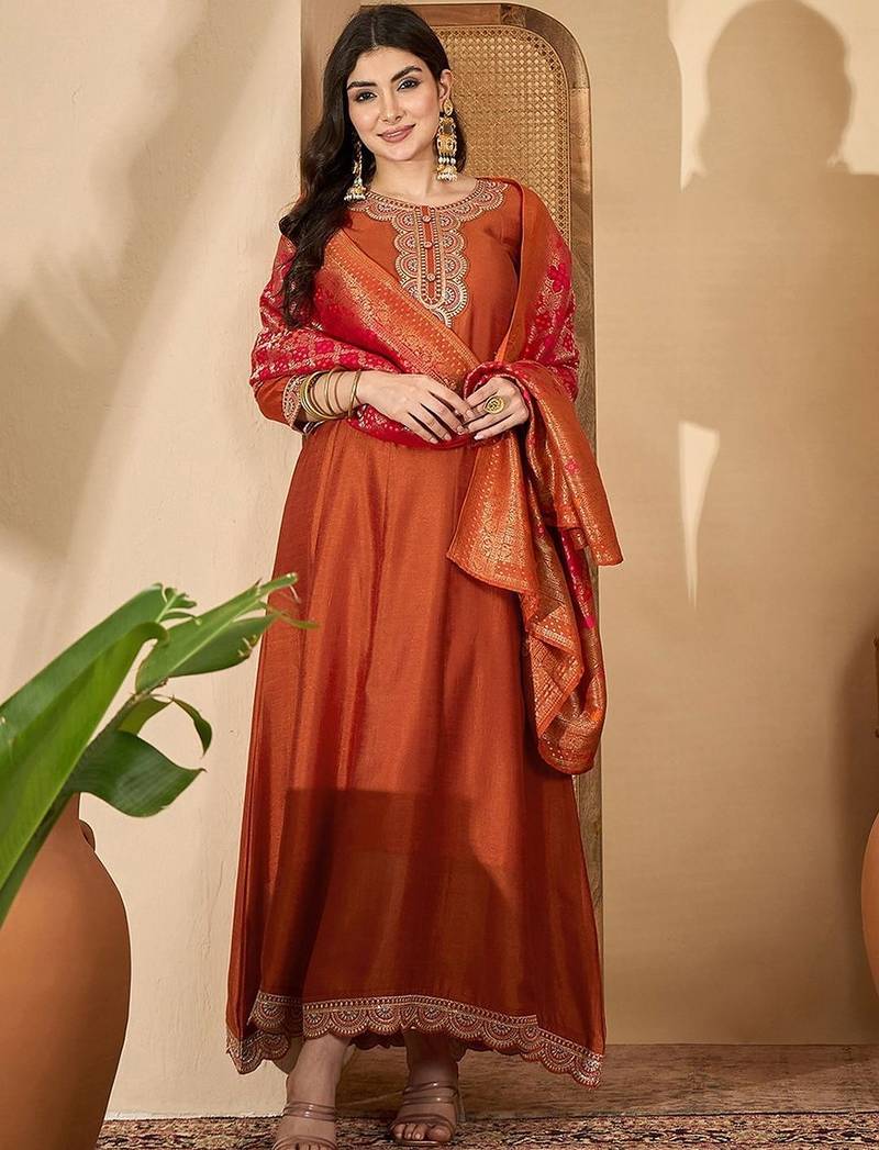 orange vichitra zari sequence thread cording embroidered gown