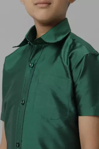 Green plain silk blend shirt dhoti set for boys