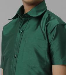 Green plain silk blend shirt dhoti set for boys
