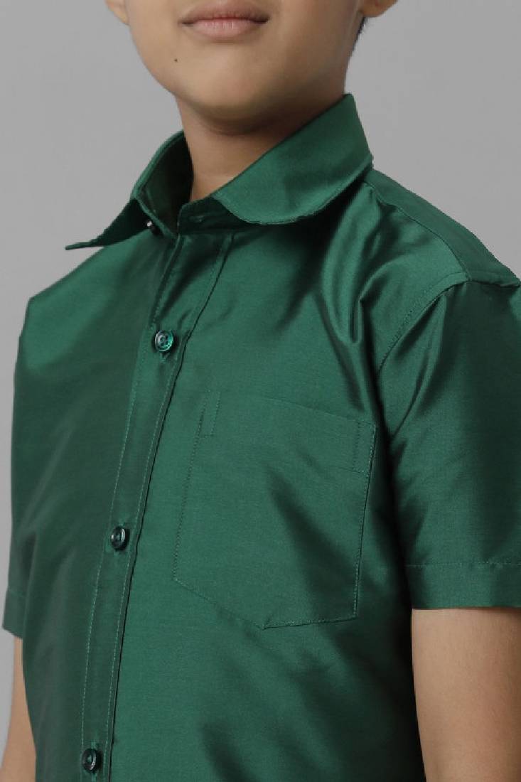 Green plain silk blend shirt dhoti set for boys