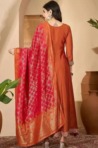 orange vichitra zari sequence thread cording embroidered gown