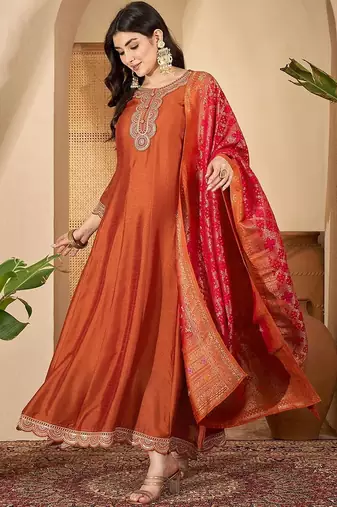 orange vichitra zari sequence thread cording embroidered gown
