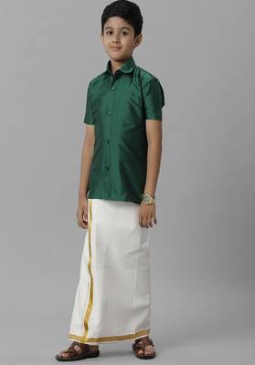 green plain silk blend boys' shirt and dhoti set 1