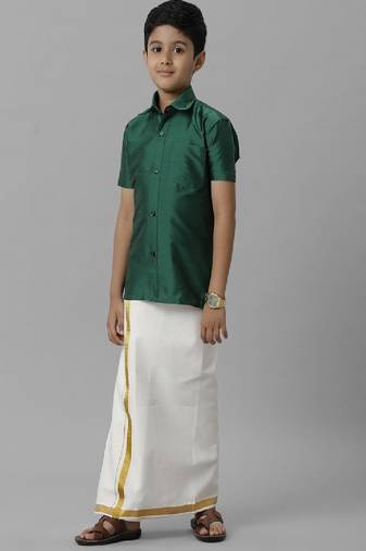 green plain silk blend boys' shirt and dhoti set