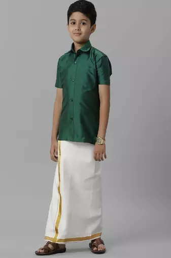Green plain silk blend shirt dhoti set for boys