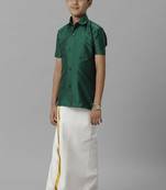 Green plain silk blend shirt dhoti set for boys
