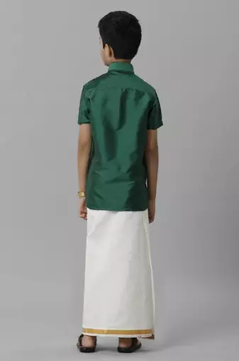 Green plain silk blend shirt dhoti set for boys