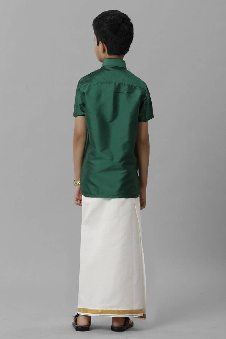 Green plain silk blend shirt dhoti set for boys