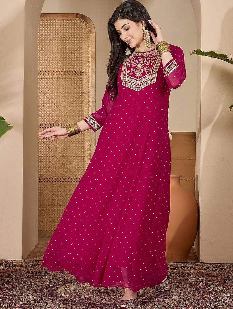 women dark pink embroidered round neck georgette zari sequence dress