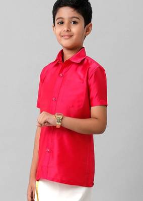 pink regular fit plain cotton shirt for boys 3