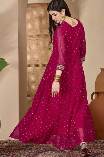 women dark pink embroidered round neck georgette zari sequence dress
