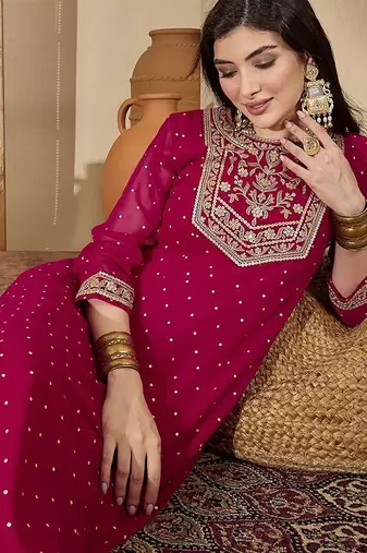 women dark pink embroidered round neck georgette zari sequence dress
