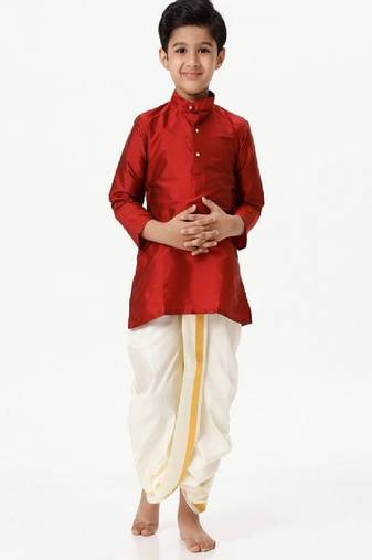Red silk blend kurta solid boys kurta-pyjama