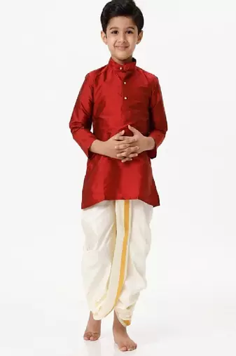 Red silk blend kurta solid boys kurta-pyjama