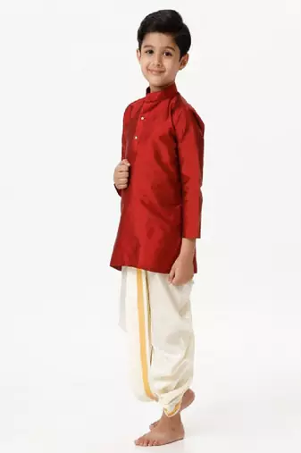 Red silk blend kurta solid boys kurta-pyjama