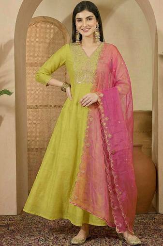 embroidered v-neck gown ethnic dress with dupatta