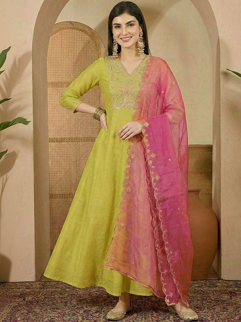 embroidered v-neck gown ethnic dress with dupatta