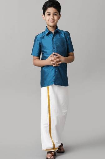 blue silk blend boys shirt with dhoti
